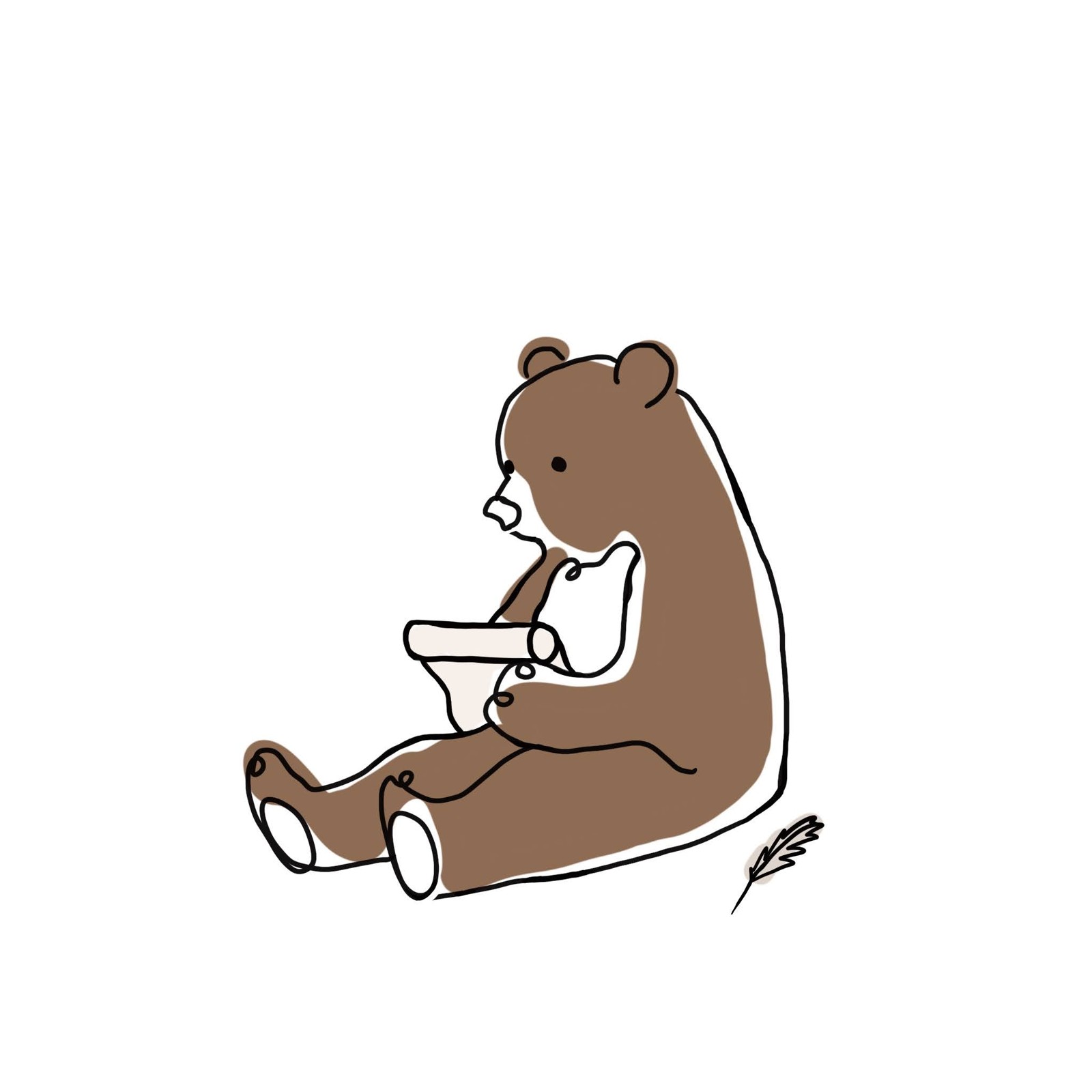A brown line-art bear holding a roll of paper.