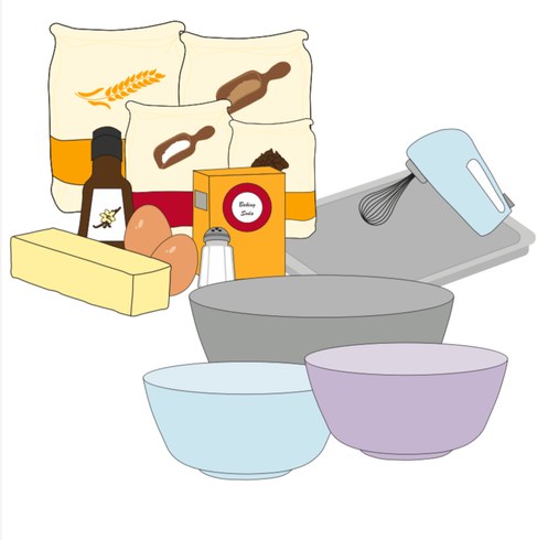 Vector illustration of baking ingredients, bowls, and a whisk.