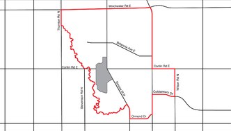 Map graphic with a red outlined area around residential rental zones.